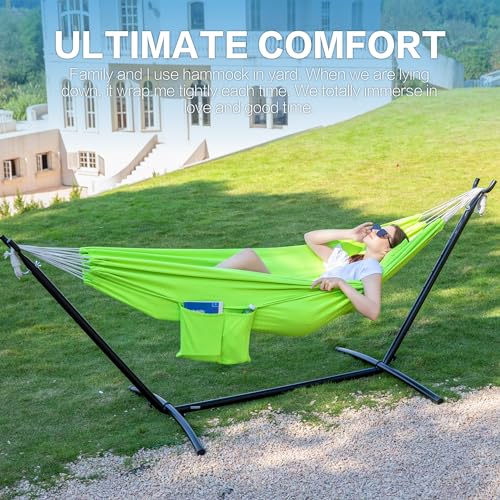 PNAEUT Double Hammocks with Stand for Outside, Portable Space Saving Heavy-Duty Steel Stand for Indoor Outdoor Patio with Carrying Bag, 450 lbs Capacity (Green) - color: Green