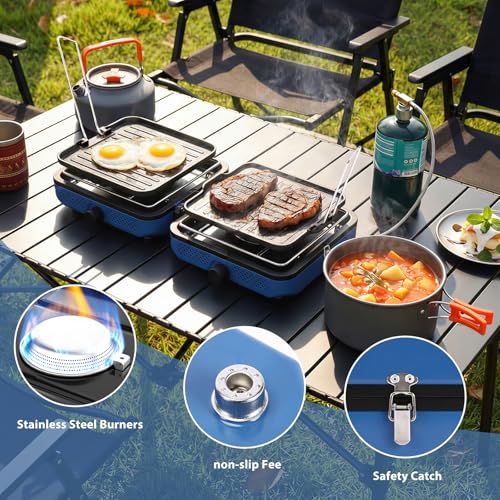 Hisencn Camping Stove,2 Burner Propane Camping Stove,Dual Griddles,30,000 BTU Portable Propane Stove with Carry Bag,Outdoor Cooking Stove set for Camping Gear,RV Essentials,Camp Gifts for Man,Blue - color: Blue