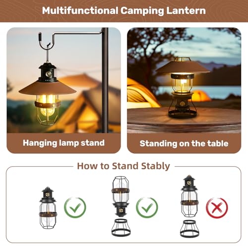 Metal LED Retro Camping Lantern, 2-in-1 Hanging/Standing, Dimmable, 3500mAh Rechargeable, Water Resistant, Brown - style: Retro Black