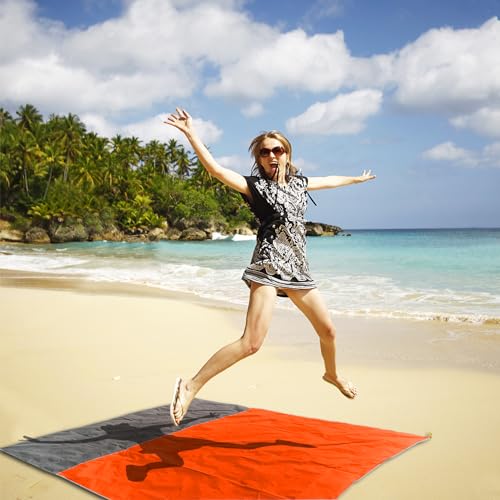 Outdoor Pocket Blanket Extra Large Beach Blanket Sandproof 82″x 78″for 4-6 Adults Compact Foldable Quick Drying Lightweight Picnic Blankets Waterproof with 4 Stakes & Bag (Orange+Grey) - color: Orange+grey