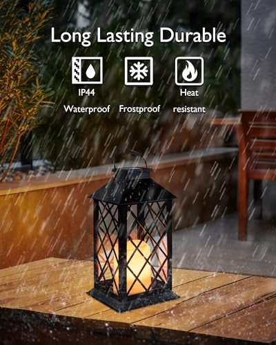 Homemory Solar Lanterns Outdoor Waterproof Hanging with Flickering Flameless Candles, 2 Pack 13'' Garden Outdoor Lantern Decorative for Patio Front Porch Backyard Balcony Cabin Outside Table(Black) - style: Black