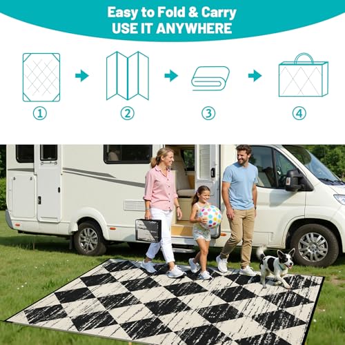HEBE Checkered Outdoor Rug Waterproof 5x8, Reversible Plastic Straw Rug RV Camping Rug, Indoor Outdoor Patio Mat Clearance, Outside Carpet for Porch,Deck,Camper,Balcony,Backyard,Picnic - color: Beige/Black, size: 5' x 8' (Rectangular)
