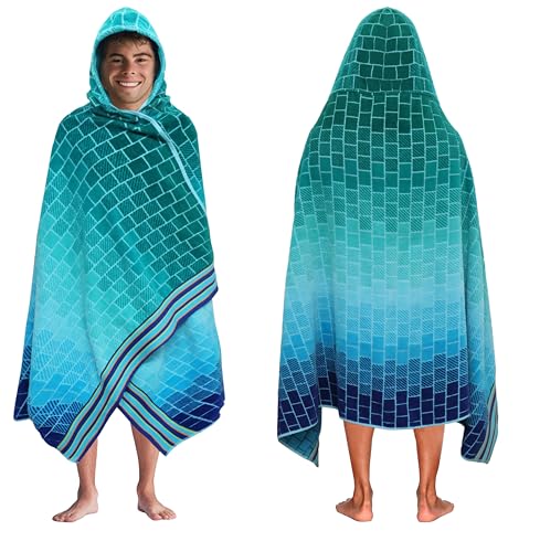 COTTON CRAFT Hooded Beach Towel – Oversized 39 x 68 Towel with Hood for Adults - 100% Cotton Velour Terry Jacquard Towel - Pool Bath Wrap - 450 GSM Soft Absorbent Quick Dry – Blue Tiles - color: Blue Tiles, size: 1 Pack - 39x68 Hooded