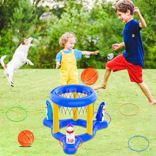H-Style Pool Toys Pool Floats Pool Games for Kids Adult, Inflatable Pool Basketball Hoop & Ring Toss Game, 2-in-1 Pool Floating Outdoor Party Water Toy for Adults Family Kids Ages 4-8-12 (Blue-1)