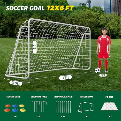 NAIZEA Soccer Goals - 24x8/21x7/18x7/12x6/16x7/10x6/8x6/6x4FT Soccer Goals for Backyard - Metal Soccer Goal for Youth Adult - Multiple Sizes Colors- Perfect for Games Indoor Outdoor - size: 12ft x 6ft, style: Starter-White/Steel