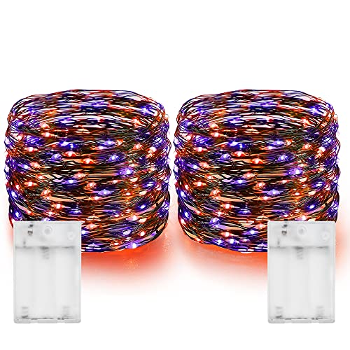 Dazzle Bright Purple and Orange Halloween Fairy String Lights, 2 Pack Total 40FT 120 LED Copper Wire Battery Operated Waterproof Lights, Halloween Decorations for Indoor Outdoor Patio Yard Party Decor - color: purple and orange