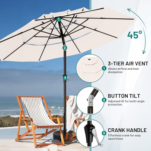 AreShark 9ft 3-Tier Patio Umbrellas, Outdoor Umbrella with 8 Sturdy Ribs UV Protection Windproof, Market Table Umbrella w/Push Button Tilt & Crank for Pool, Porch, Deck, Garden(Cream White) - color: Cream White