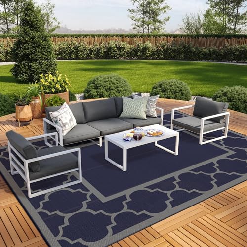 GENIMO 10 'x20 ' Outdoor Rug for Patio Clearance, Waterproof Indoor Outdoor Plastic Straw Rugs Carpet, Reversible Outside Area Rv Mat for Camping, Balcony Porch, Deck, Picnic, Beach (Blue & Grey) - color: Blue & Grey, size: 10' x 20' (Rectangular)
