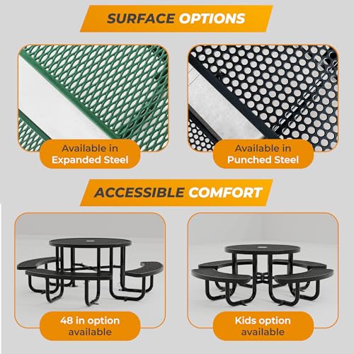 Round Metal Picnic Tables for Kids for Outdoors with Umbrella Hole, Adjustable Seats for School, Park, Playground (Green, 38 in, Kids, Expanded Steel) - color: Green, size: 38 In, Kids, Expanded Steel