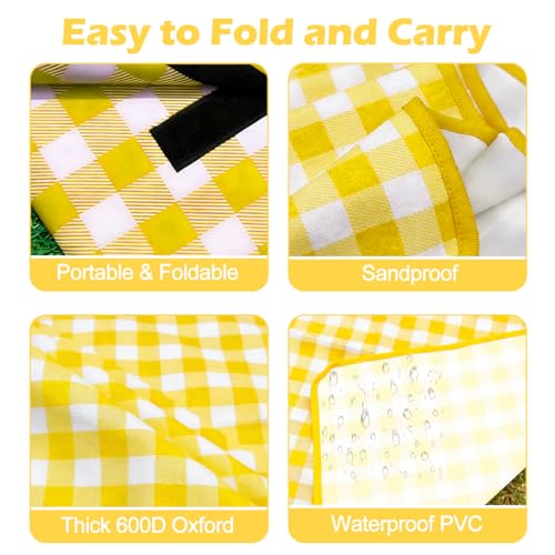 Extra Large Picnic Outdoor Blanket, 80''x80''Waterproof Sand Beach Mat, Foldable Blankets Gingham Picnic Mat for Beach Camping Grass Lawn Park Hiking Travel Accessories Family Concerts(Yellow White) - color: Yellow, size: 80''x80''