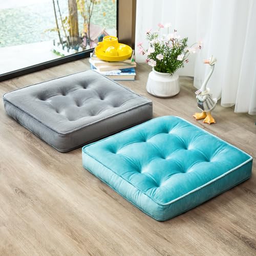 1 MIDDLE ONE Floor Pillow Set of 2, Memory Foam Meditation Cushion, Floor Cushions for Adults Sitting, Large Square Seat Cushions for Yoga, Couch, Sofa, Kids, Living Room, 22x22 Inch (Blue) - color: Blue, size: 22x22 Inch(Pack of 2)