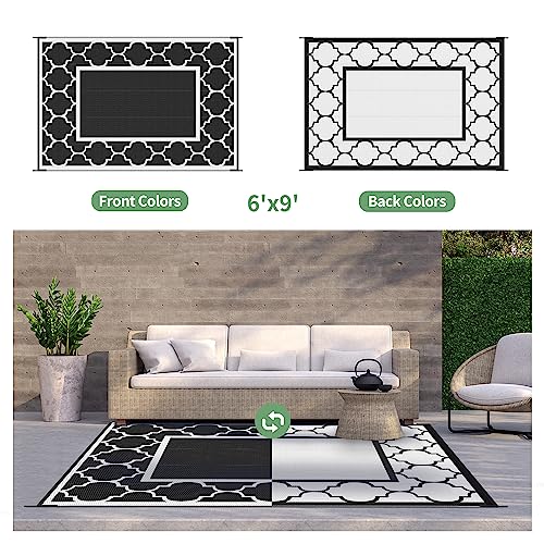 GENIMO 6' x 9' Outdoor Rug Waterproof for Patio Decor, Foldable Reversible Plastic Straw Area Rugs Mat for Camper, Morden Carpet for Outside, Rv, Deck, Porch, Picnic, Beach, Balcony, Black & White - color: Black&white, size: 6' x 9' (Rectangular)
