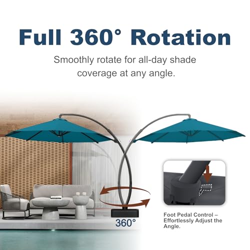 11FT Cantilever Umbrella with Base Large Curvy Outdoor Aluminum Offset Umbrella w/ 360° Rotation, UV Resistant Canopy for Patio, Garden, Backyard, Lake Blue - color: Lake Blue, size: 11FT