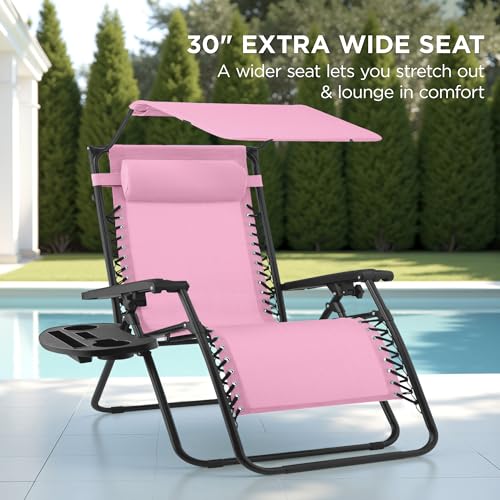 Best Choice Products 30” Wide Folding Zero Gravity Outdoor Recliner Patio Lounge Chair w/Adjustable Canopy Shade, Headrest, Side Accessory Tray - Carnation - color: Carnation, size: Oversized Extra Wide