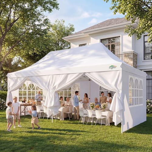 COBIZI 10x20 Pop Up Canopy with 6 Sidewalls, Conical Canopy Tents for Parties, Backyard, Commercial, Waterproof Event Tent Instant Shelter UV50+ Outdoor Gazebo with 4 Sandbags (Peak Drainage) - color: Pure White, size: 10x20FT