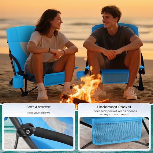 Portable Folding Beach Chair with Cooler Bag for Adults - Lightweight Low Back Sling Chair with Cup Holder & Storage Pocket (Blue w/Cooler, 2 pcs) - color: Blue W/ Cooler, size: 2 pcs