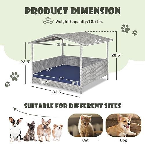 Giantex Wicker Dog House, Raised Rattan Dog Bed with Waterproof Roof, Washable Cushion Cover, Steel Frame, Indoor Outdoor Elevated Dog Bed Pet House for Small Medium Dogs Cats, Easy Assembly - style: Light Gray House & Navy Cushion