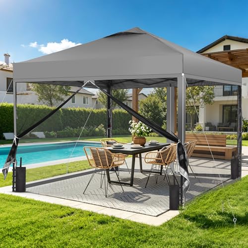 GDY 10x10 Pop up Canopy Tent with Mosquito Netting, Easy up Gazebo for Patio, Camping and Garden, Includes 4 Sandbags, Gray - color: Gray, size: 10x10 with Mosquito Netting