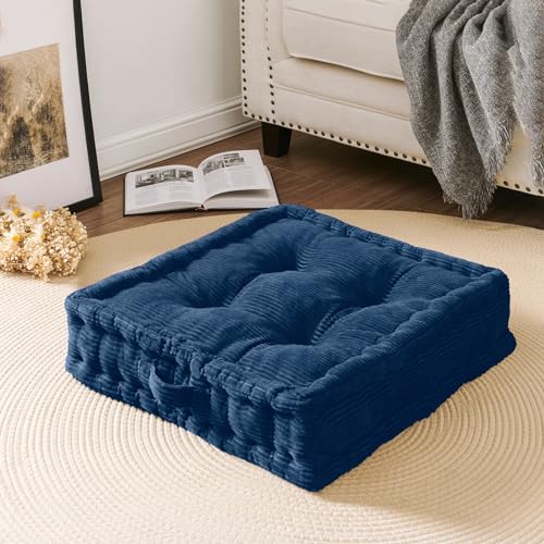 Wellsin Square Floor Pillows for Adults Kids - Meditation Floor Pillow Seating Cushion - Tufted Floor Cushion with Shredded Foam & Velvet Cover, 1 Pack, 20x20 Inch, Dark Blue - color: Navy Blue, size: 1 Pack (20"x20")