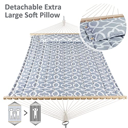 SUNCREAT Double Quilted Hammock with Hardwood Spreader Bar, Extra Large Soft Pillow, Heavy Duty 2 Person Hammock for Indoor, Outdoor, Grey Pattern - color: Grey Pattern