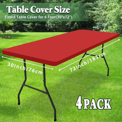 4 Pack Picnic Fitted Table Cover for 6 Foot Tablecloth for Rectangle Tables Waterproof Stretch Washable Folding Indoor and Outdoor Spandex Table Cloth for Camping Banquet and Parties (Red,30" x 72") - color: Red, size: 30"x72" (Pack of 4)