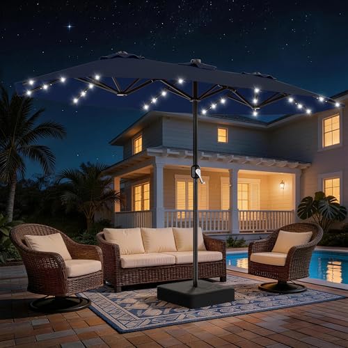 AreShark 13 FT Patio Umbrella with Solar Lights, Double-Sided Outdoor Table Umbrellas with Crank, Large Rectangular Market Umbrella for Porch, Lawn, Pool, Backyard, Navy - color: Navy, size: 6.5x13 Ft