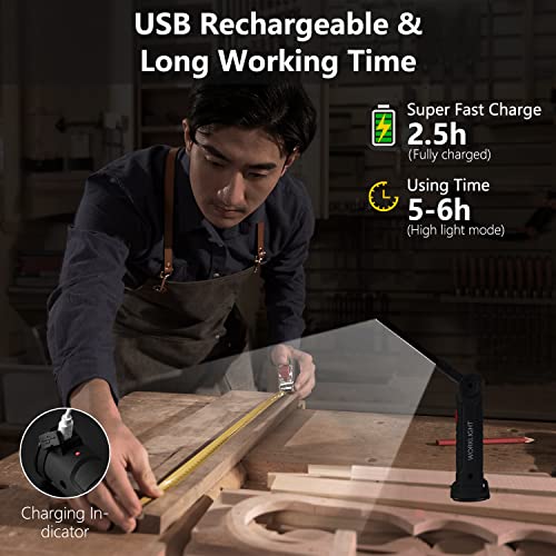 Working Light Portable, Rechargeable Work Lights with Magnetic Base Hanging Hook,360° Rotate 5 Modes,COB LED 800 Lumens Foldable Inspection Light for Car Repair, Grill and Outdoor Use(2pack) - color: Black*2