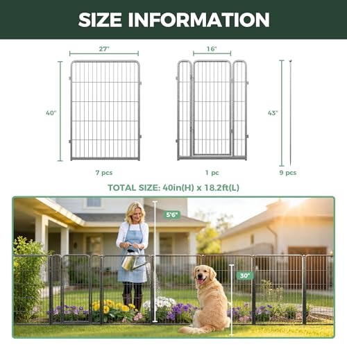 FXW Garden Fence Outdoor for the Yard – 40in(H) x 18.2ft(L) Heavy Duty Metal Animal Barrier for Dog, No Dig Decorative Dog Fence, 8 Panels, Silver - color: Silver, size: 40"H