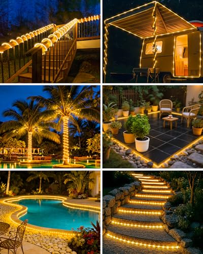 btfarm 4 Pack Solar Rope Lights, 120LED 46FT Solar String Lights Outdoor Waterproof, 8 Lighting Modes Solar Powered Strip Tube for Outside Garden Tree Christmas Yard Patio Wedding Decor, Warm White - color: Warm White, size: 4 Pack
