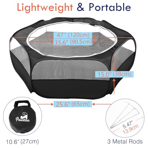 Pawaboo Small Animals Playpen, Waterproof Small Pet Cage Tent with Zippered Cover, Portable Outdoor Yard Fence with 3 Metal Rod for Kitten/Puppy/Guinea Pig/Rabbits/Hamster/Chinchillas, Black - color: H-Black
