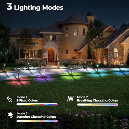 CINOTON 12 Pack RGBCW Solar Pathway Outdoor Lights, 3 Lighting Modes Solar LED Garden Lights, IP65 Waterproof Outside Solar Powered Landscape Lighting for Planter Lawn Pool Balcony RGB/Warm/Cold White - color: Multicolor, size: 12 Pack