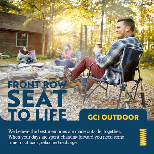 GCI OUTDOOR Freestyle Rocker with Side Table Camping Chair | Portable Folding Rocking Chair with Solid, Durable Armrests, Drink Holder & Comfortable Backrest — Heathered Indigo - color: Heathered Indigo, style: Freestyle Rocker W/ Side Table