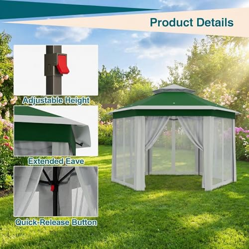 Takywep 13x13 ft Outdoor Gazebo Pop Up Canopy Tent, Heavy Duty Metal Frame, Double UV Protection, Privacy Screen Curtain, 3-Height Adjustable, Wheeled Bag & Ground Stakes for Backyard Patio Greenbeige - color: Green