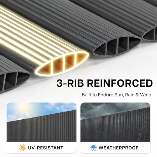 Paramondo PVC Privacy Fence Screen 14mm 3-Rib Reinforced Textured Fence Panel - No-Drill Balcony & Garden Cladding with Wind & UV Protection for Patio, Deck, Outdoor Privacy, 4×10 FT, Charcoal - color: Charcoal, size: 4×10 FT