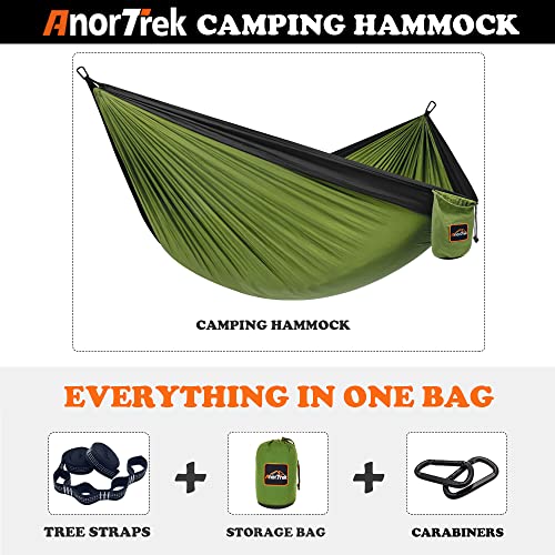 AnorTrek Camping Hammock, Super Lightweight Portable Parachute Hammock with Two Tree Straps Single or Double Nylon Travel Tree Hammocks for Camping Backpacking Hiking - color: Olive Green&black, size: Double 118''L x 78''W