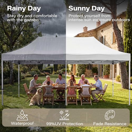 LAUSAINT HOME 10x20 Party Tent with 100ft Lights, Heavy Duty Waterproof Canopy with Removable Sidewalls & Roll-Up Door, Large White Event Shelter with Steel Frame for Wedding, Backyard, BBQ, Camping - size: 10x20 with 100ft Lights