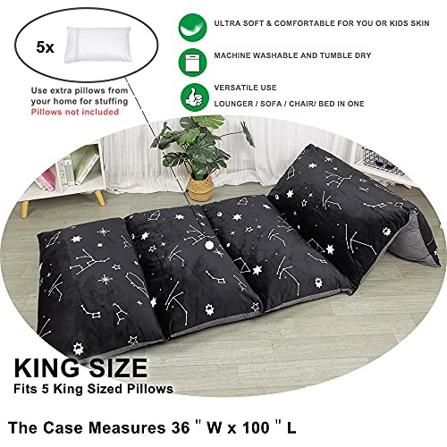 ICOPUCA Floor Lounger Pillow casing for boy Girl, Soft Minky Plush, Black Constellation Print, Cover/Sleeve/Casing ONLY! Perfect Reading and Watching TV Cushion - Excellent for Sleepovers, King Size; - color: Black Constellation, size: King (Pack of 1)