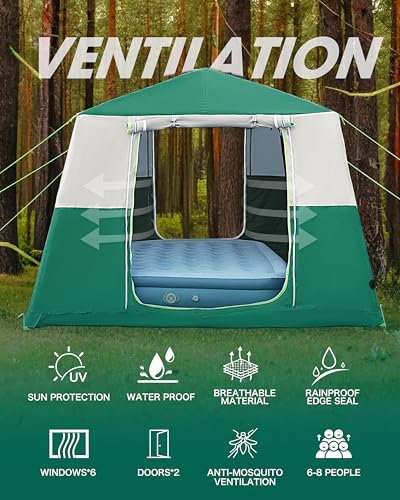 CORANI 14.1'x6.5'x9' Inflatable Tents for Camping, Portable 6/8/10 Person Blow Up Air Tent, Waterproof Windproof Easy Setup Large Family Tent with 2 Doors, 6 Windows, Mosquito Screen - color: Nomad Green, size: 8 person 10.8x9ft