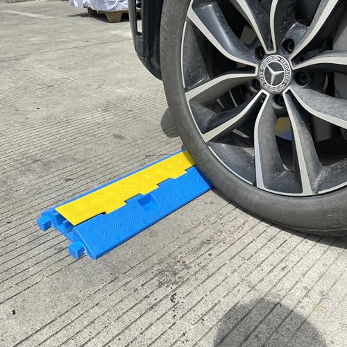 Bright Blue Rubber Cable Protector Ramp Cord Hose Wire Ramp 2 Channel Driveway Cable Protector Sidewalk Hose Cover Heavy Duty 11000lbs Capacity Traffic Speed Bumpes Indoor Outdoor