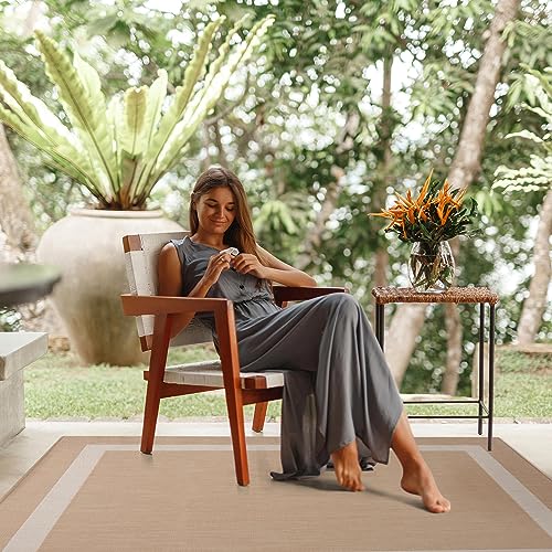 CAMILSON Outdoor Rug 6x9, Modern Outside Rugs for Patios Porches Waterproof Durable Washable Non-Shedding, Easy-to-Clean Indoor Outdoor Area Carpet (6 x 9, Bordered - Beige/White) - color: Bordered - Beige / White, size: 6'7" x 9' (Rectangular)
