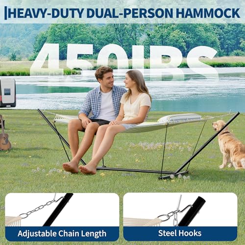 Garvee 2 Person Portable Double Hammock for Outdoor with Pillow, Heavy Duty Portable Hammock with Adjustable Steel Stand for Patio, Garden, Beach, Backyard - color: Light Blue and Green Stripes Design, size: T-shaped Bracket