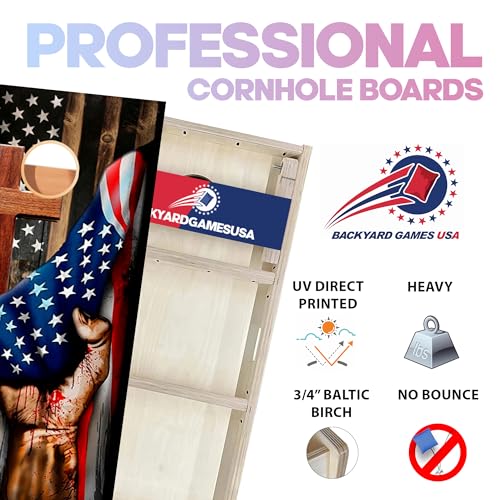 CornholeGamesUSA Pro Cornhole Boards Set | Made in USA | 3/4 Baltic Birch | No Bounce | Triple Thick Legs | Two Brace & Handles, Tournament 2x4 Regulation Set with Score Tower & Cornhole Bags - color: Cross Flag Hand