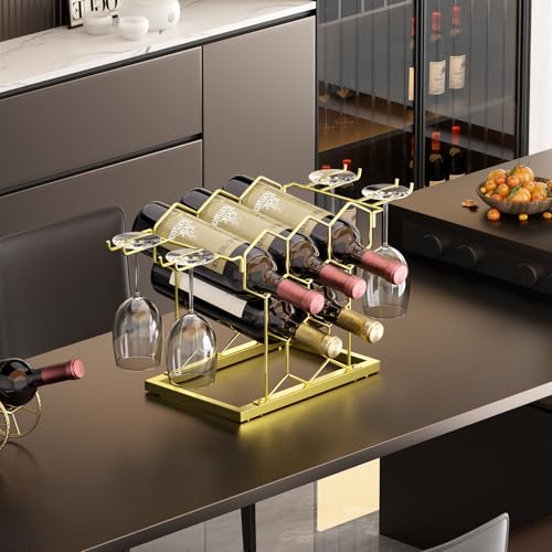 B4Life Countertop Wine Rack 3 Tier, Wine Rack with Glass Holder 8 Bottles, Freestanding Small Liquor Holder Metal, Tabletop Bottle Storage Stand for for Home, Kitchen, Bar, Cellar (Gold, 8 Bottles) - color: Gold