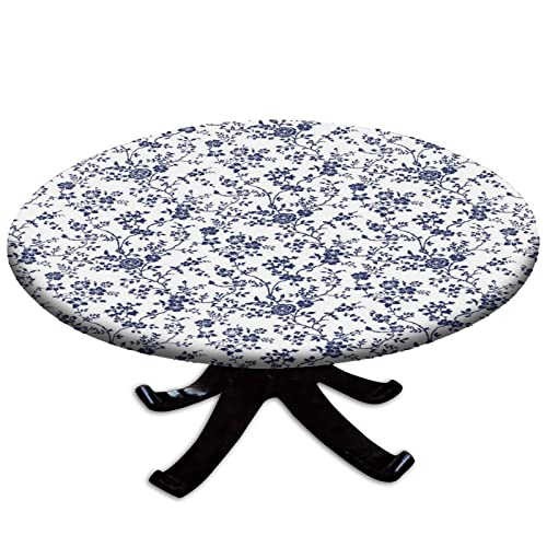 Pastoral Style Flower Round Fitted Tablecloth, Blue Floral Elastic Edge, 44" Diameter, Fits Tables 36" - 40" Diameter - color: Blue, size: 32" (Round)