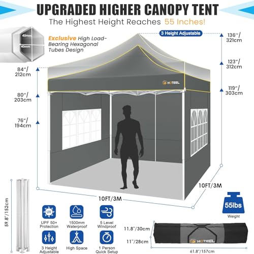 HOTEEL Pop Up Canopy Tent 10x10 with Sidewalls, Commercial Instant Waterproof Canopy for Vender Patio, UV 50+ with Silver Coated, Upgraded Thickened Hexagonal Legs, Gray - color: Gray, size: 10x10FT (+4 Walls)