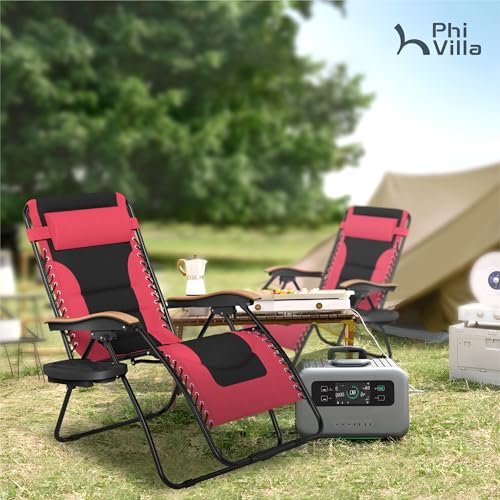 PHI VILLA XXL Oversized Padded Zero Gravity Chair, Foldable Patio Recliner, 30" Wide Seat Anti Gravity Lounger with Cup Holder, Support 400 LBS (Red) - color: Red, style: 1 Pcs