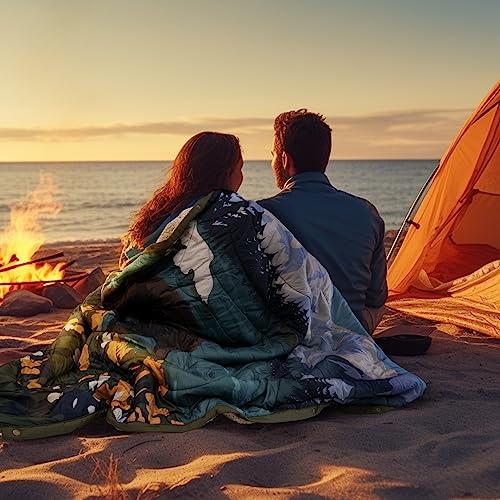 Outdoor Camping Blanket with Sherpa Lining, Extra Warm Thick Camp Blankets and Puffy Ultralight Soft Poncho DWR Camping Quilt for Cold Weather, Adventure, Sleeping, Backpacking 78"x 56" - color: Haze Blue, size: 78 x 56 inches