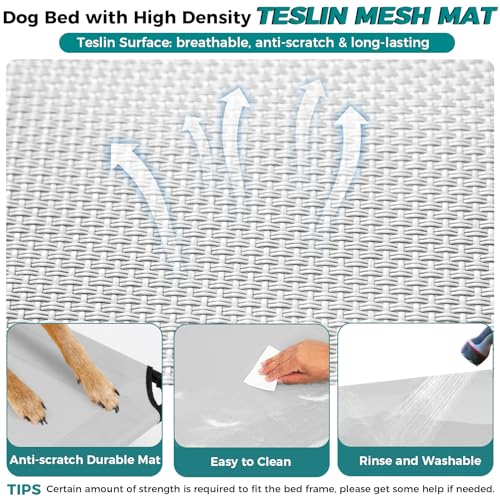 Windproof Elevated Dog Bed with Canopy & Stakes, 3-Sided 90% UV Block, Chew-Proof Teslin Mesh Mat for Large Dogs up to 150lbs(Grey Large) - color: Grey, size: Large
