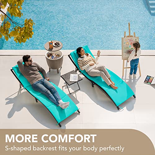 Devoko Patio Chaise Lounge Sets Outdoor Rattan Adjustable Back 3 Pieces Cushioned Patio Folding Chaise Lounge with Folding Table (Blue) - color: Blue