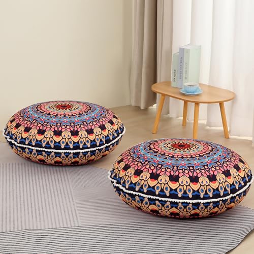LOVMOC 32 Inch Round Floor Pillow for Adults Set of 2, Large Thick Memory Foam Boho Mandala Meditation Floor Seating Cushion, Machine Washable for Living Room Outdoor Yoga Floor Sitting, Blue - color: Blue, size: 2 Count (Pack of 1)
